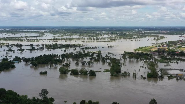 Aerial view of major floods Caused by river overflowing  Resulting in the northeast region Of Thailand adjacent to the Mun River Affected There is Ubon Ratchathani Province, Sisaket on September 14, 2