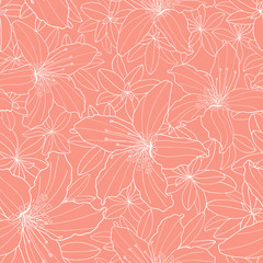 Outline decorative Rhododendron and Lily flower seamless pattern. Botanical hand drawn white contour illustration on peach pink color background for textile, greeting card, print, fashion design.