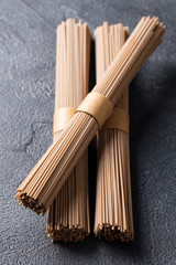 Noodles soba on slate background. Traditional Japanese food. Slate background.