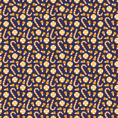 Halloween hand drawn seamless vector pattern with corn candy, sugar canes, orange and white on a violet background. Flat style design. Concept for children textile print, wallpaper, wrapping paper.