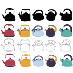 white background, set of teapots with sketch and silhouette