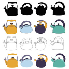 white background, set of teapots with sketch and silhouette