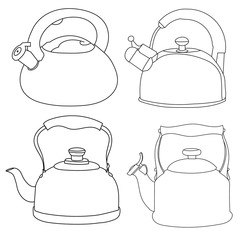 vector, on white background, sketch teapot, collection set