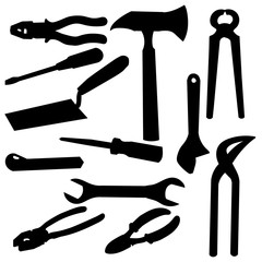 white background, construction tool set of silhouettes