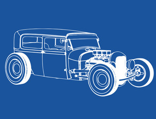 retro sport car roadster sketch on blue background vector