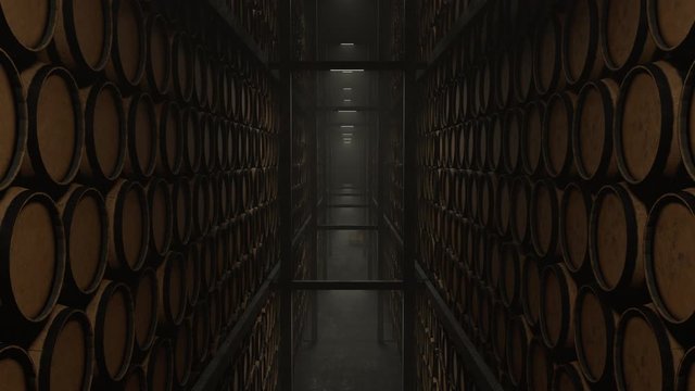 aisle in an old underground warehouse with a wall of liquor barrels