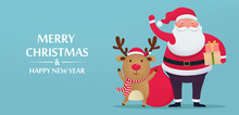 Cute Santa Claus with deer and gifts, greeting card Merry Christmas and New Year. Holiday winter cartoon characters on blue background.