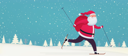 Santa Claus skiing with bag of gifts on snowy background. Merry Christmas and Happy New Year banner, greeting card. © Ramcreative