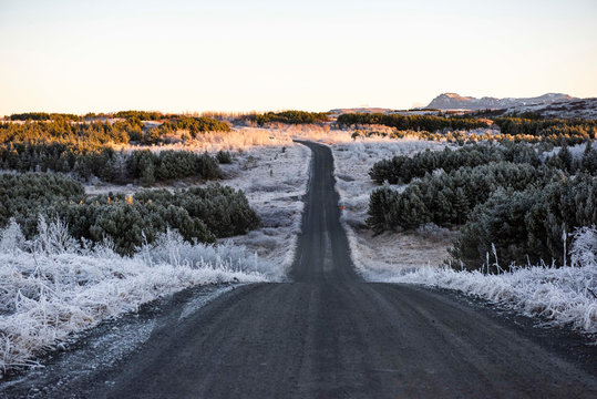 Strasse 408 (Hei&eth;merkurvegur) f&uuml;hrt durch eine mit Reif &uuml;berzogene Landschaft im Naturschutz- und Naherholungsgebiet Hei&eth;m&ouml;rk nahe Gar&eth;ab&aelig;r undweit der Hauptstadt Reykjavik