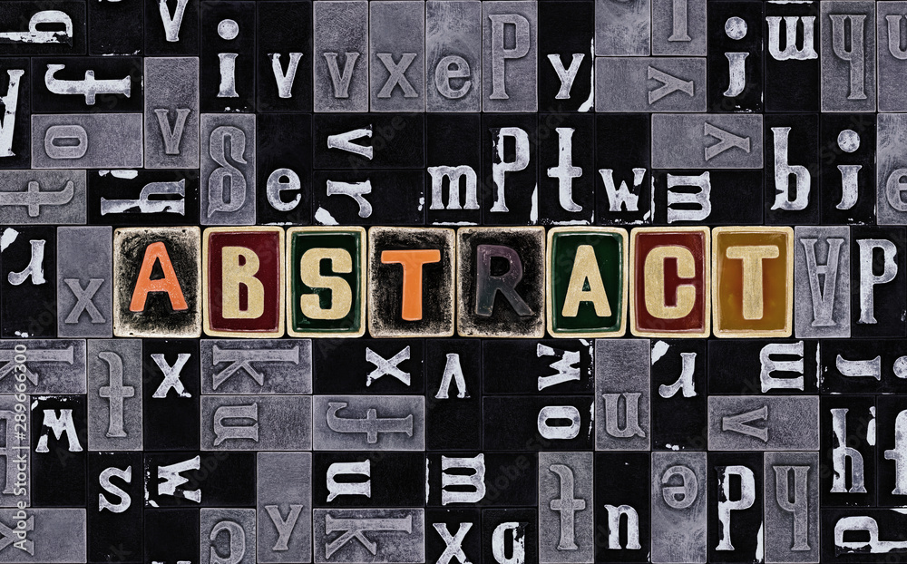 Fototapete The word abstract as letters, unique typeset symbols over mosaic pattern background