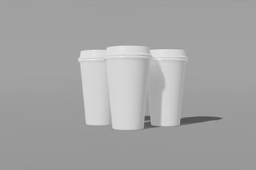 Set of three white paper mockup cup with a lid on a grey background. 3D rendering