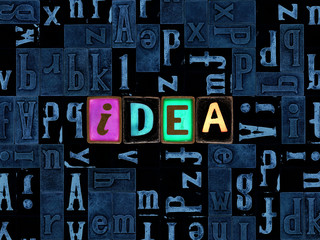 The word idea as letters, unique typeset symbols over abstract mosaic pattern background