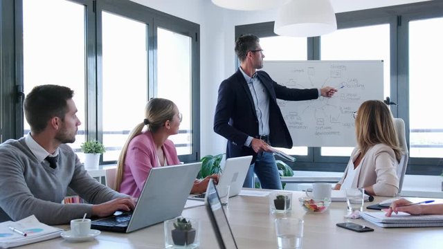 Handsome businessman explaining a project to his colleagues on coworking place.