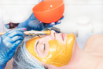 The procedure in the beauty salon applying a personal mask on the face of a woman with a mask of...
