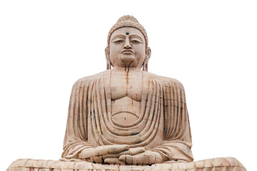Fototapeta na wymiar Isolated Daibutsu, The Great Buddha Statue in meditation pose or Dhyana Mudra seated on a lotus in open air near Mahabodhi Temple at Bodh Gaya, Bihar, India.