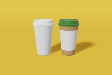 Two paper cups with a lid - white and brown with place for text on a yellow background. 3D rendering