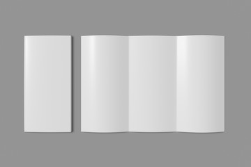Tri fold booklet mockup closed and open on a gray background. 3D rendering
