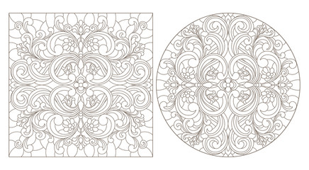 Set of contour illustrations with abstract floral patterns, round and square image, dark contours on white background