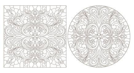 Set of contour illustrations with abstract floral patterns, round and square image, dark contours on white background