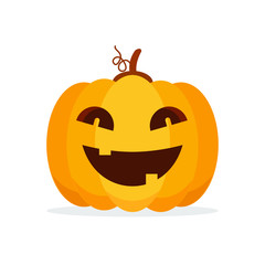 Orange Pumpkin Carved phantom/ Jack O Lantern isolated on white background. For decorate greeting card, poster, banner in halloween festival in october. flat design vector illustration. Funny icon