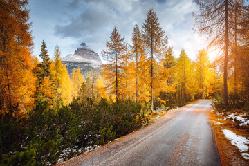 Scenic image of the alpine road. Location National Park Tre Cime di Lavaredo, Dolomiti alps, Italy, Europe.