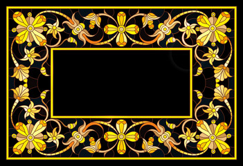 Illustration in stained glass style frame with floral,golden flowers and leaves on a dark background,rectangular image