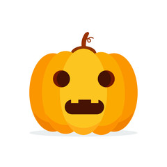 Orange Pumpkin Carved phantom/ Jack O Lantern isolated on white background. For decorate greeting card, poster, banner in halloween festival in october. flat design vector illustration. Funny icon