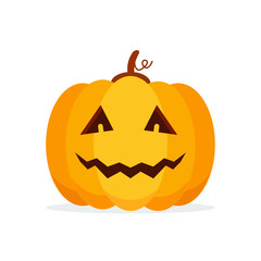 Orange Pumpkin Carved phantom/ Jack O Lantern isolated on white background. For decorate greeting card, poster, banner in halloween festival in october. flat design vector illustration. Funny icon