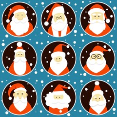 Set of diverse faces of Santa Clauses, set of icons. Christmas and New Year.