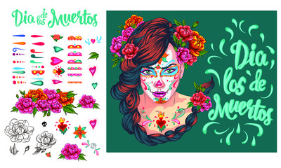Day of dead, colorful banner and card with girl with traditional make-up and flowers in hair, Mexican holiday, sugar skull. Dia de los muertos party invitation. Vector illustration in flat style.