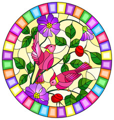 Fototapeta na wymiar Illustration in stained glass style with two pink birds on the branches of blooming wild rose on a yellow background 