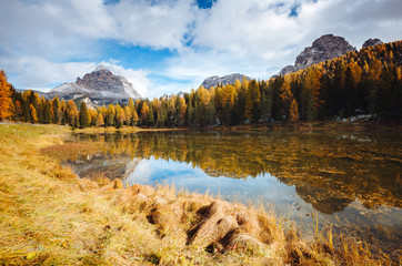 Splendid lake Antorno in National Park Tre Cime di Lavaredo. Location Dolomiti alps, South Tyrol, Italy, Europe.