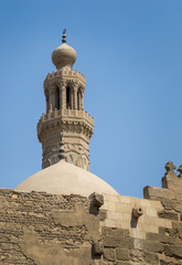 Minaret of public historical Mamluk era El Zaher Barquq Mosque, Moez Street, Cairo, Egypt