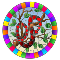 Illustration in the style of stained glass with red snake on the tree on blue background, oval image in bright frame 