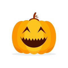 Orange Pumpkin Carved phantom/ Jack O Lantern isolated on white background. For decorate greeting card, poster, banner in halloween festival in october. flat design vector illustration. Funny icon