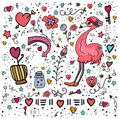 Set of colorful doodle on background. Valentine's Day Love and Hearts Doodles Design Elements. - Vector. Vector illustration