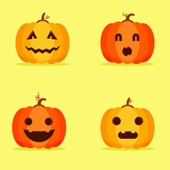 Halloween pumpkins with different faces. Jack-o-lantern. Funny vector flat icons collection. Stickers design.Set flat design illustration of pumpkins with carved face. Usable on Halloween card, vector