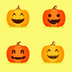 Halloween pumpkins with different faces. Jack-o-lantern. Funny vector flat icons collection. Stickers design.Set flat design illustration of pumpkins with carved face. Usable on Halloween card, vector