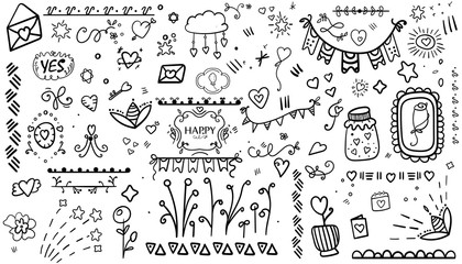 Сoloring book and page Set of doodle on background. Valentine's Day Love and Hearts Doodles Design Elements. - Vector. Vector illustration
