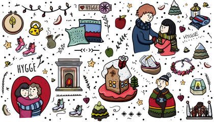 Vector Cozy Home. Set of hygge attributes. Big Set Of Hygge Elements In Scandinavian Style - Vector.