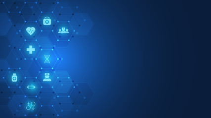 Healthcare and technology concept with flat icons and symbols. Template design for health care business, innovation medicine, science background, medical research. Vector illustration.