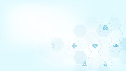 Abstract medical background with flat icons and symbols. Template design with concept and idea for healthcare technology, innovation medicine, health, science and research.