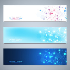 Banners design template with molecular structures and neural network. Abstract molecules and genetic engineering background. Science and innovation technology concept.