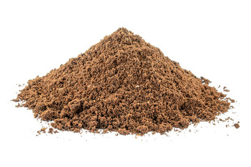 Pile of freshly ground coffee powder isolated on a white background. Pile of ground coffee isolated on white. Pile of ground roasted coffee beans on white. Isolate