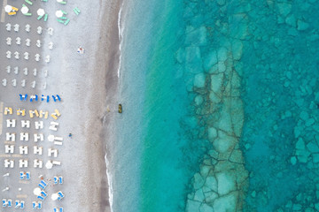 Aerial birds eye view drone photo of Elli beach on Rhodes city island, Dodecanese, Greece. Panorama...