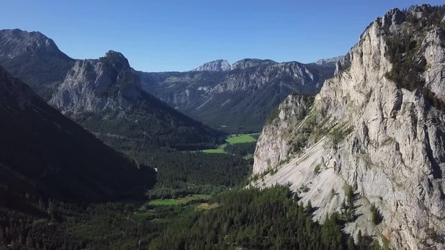 Flight over alpine valley near Gruner See (Green Lake) in Styria, Austria.