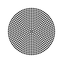 Flat, geometric abstract rosette made of small black dots in a circle on white.