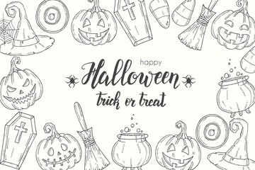 Halloween poster with hand drawn pumpkin Jack, witch hat, broom, hat, sweets, candy roots, coffin, pot with potion''Trick or Treat". Sketch, lettering. Halloween banner, flyer, brochure. Advertising