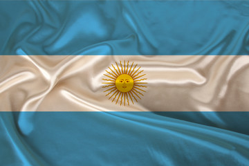 photo of the national flag of Argentina on a luxurious texture of satin, silk with waves, folds and highlights, close-up, copy space, travel concept, economy and state policy, illustration