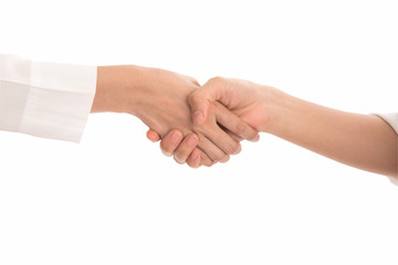 Close up Hand of Teamwork Deal Cooperation Partnership business people shaking hands over white background.